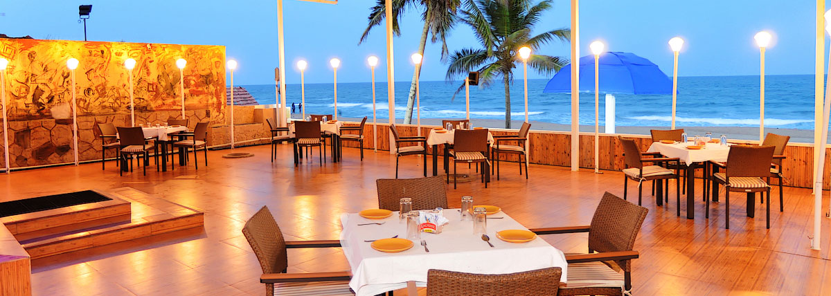 A scenic beach view from the Blue Bay Beach Resort's beach restaurant in ECR, Chennai, near Mahabalipuram

