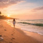 Peaceful beach walk at sunrise along the Mahabalipuram coastline near Chennai