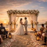 Beach wedding ceremony at sunset with floral mandap and couple exchanging vows on the shore at Blue Bay Beach Resort in Mahabalipuram near Chennai