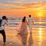 Couple having a pre-wedding beach photoshoot at Blue Bay Beach Resort near Chennai