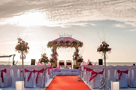 wedding stage on the beach with seating arrangements in Bluebay Beach Resort, ECR, Chennai